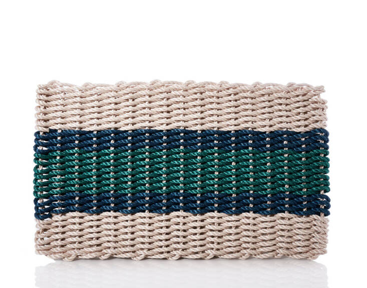 This Fisherman Rope Mat in the colors of Maine&#8217;s Bicentennial Flag colors is hand-made in Maine; $60 from Sea Bags.