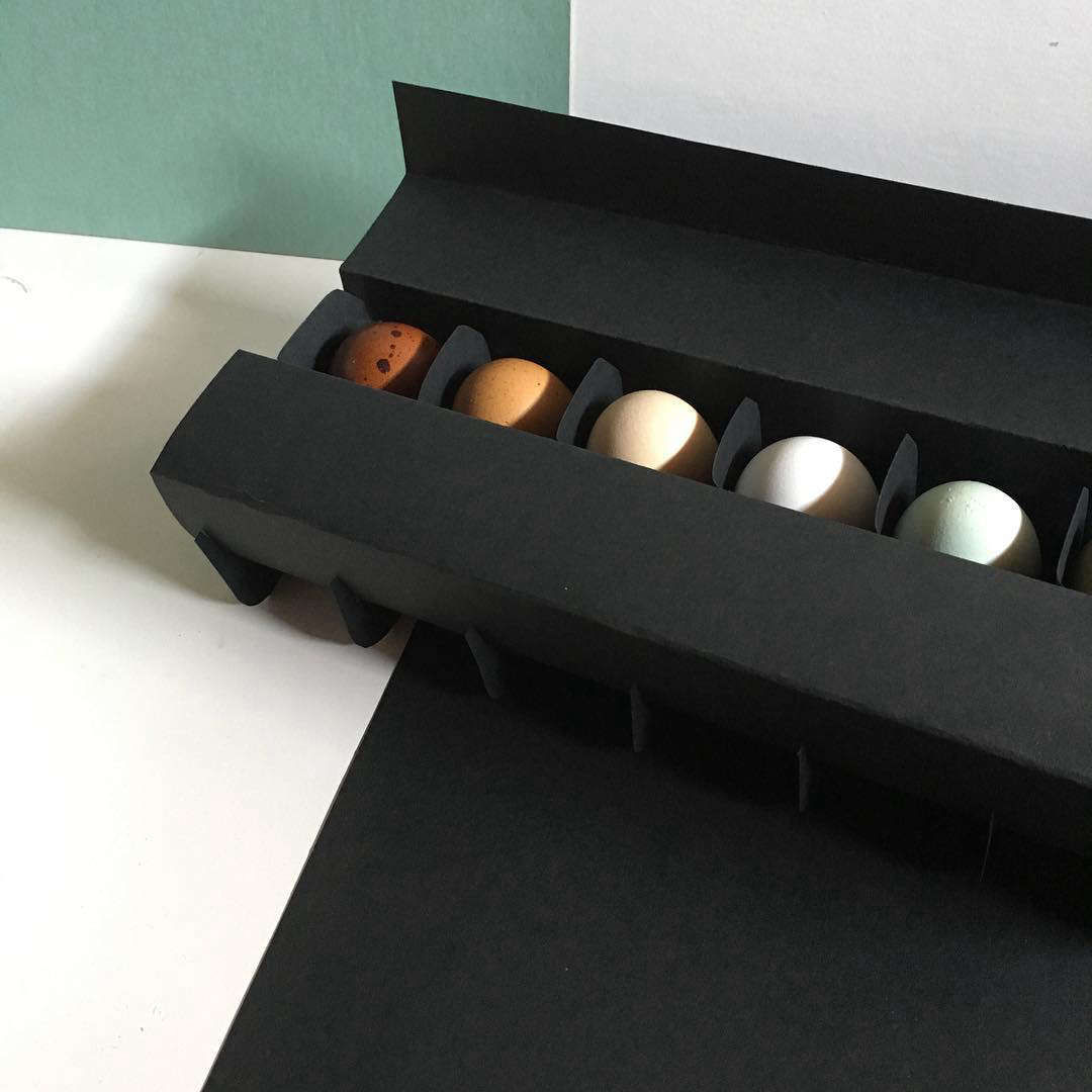 Colorful eggs in designer egg cartons from the Fancy F