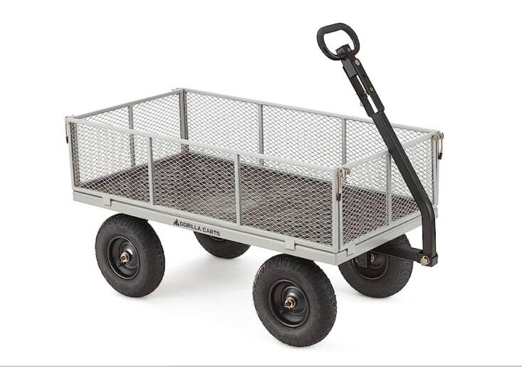 The no-nonsense steel Gorilla Cart ($159) can be pulled by hand or towed by an ATV or tractor for heavier loads (up to 1,000 pounds). Its mesh side panels are removable for easy conversion into a flatbed.