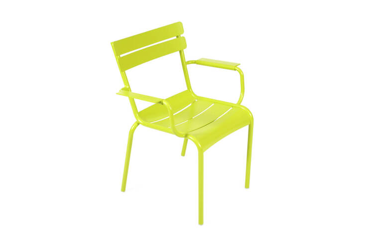A rare color, the Fermob Luxembourg Armchairs in Verbena are currently only found through Bernard Sanders in Belgium. An alternate option is the Better Outdoor Stacking Dining Armchair in green; \$\1,400 for a set of 6 at All Modern.