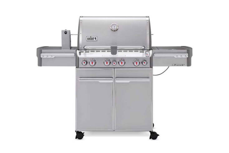The grill is the Weber Stainless 4 Burner Liquid Propane Grill in stainless steel; \$\2,449 at Ace Hardware.