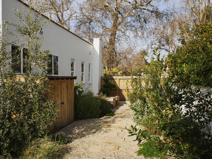 For added privacy from the street, they replaced the open wrought iron gate with a cedar gate. The gravel is Del Rio Pea Gravel and the path is made up of Utah Sunrise Flagstones from Bourget Bros. It&#8\2\17;s lined with two vegetable gardens that Daniel built of redwood and a mix of California natives and Australian species. Photograph by Marc Gabor for Finca Glenfeliz.