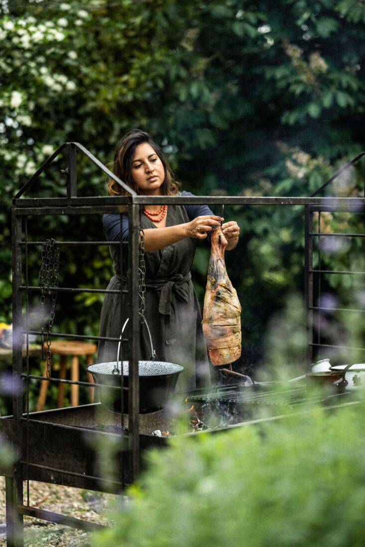 Cooking as theater. Ana Ortiz (pictured) and her husband, Tom Bray, are the founders of Fire Made, which makes South American-inspired open-fire cooking tools. Ana grew up in Ecuador, where casual family gatherings often revolve around grilling.