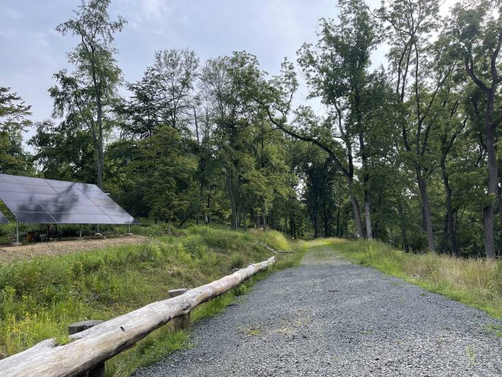 “Water management and the topography led our farm design. Our farm access terrace was engineered with a 10 percent pitch towards a channel along the length of the road leading to the spillway that has a French mattress  to allow stormwater to perk back into the Earth. A detention basin below the spillway further slows water as it heads downslope,” says Logan.