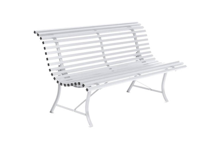 Resembling a classic French park bench, the bench is the Fermob Louisiane Bench in Cotton White; \$536.97 at Connox. Another more modern option is the HAY Palissade Lounge Sofa at Design Within Reach.