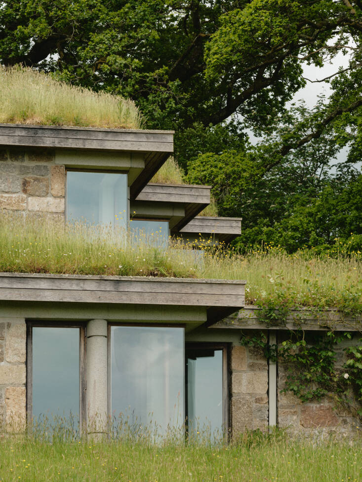 The grass on the roofs grows on a layer of topsoil that had been excavated from the site.