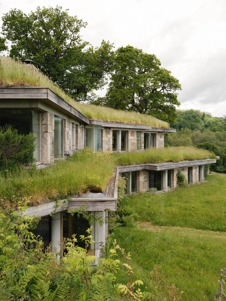 Two levels of green roofs help keep the house cool in the summer months.