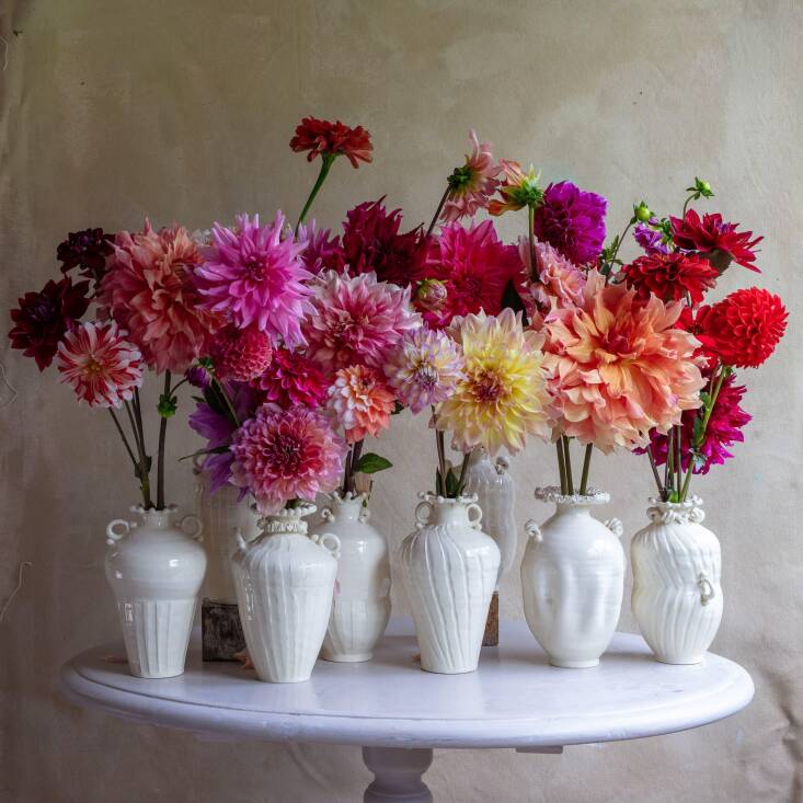 Dahlias from Frances&#8\2\17; garden, in bud vases from her kiln.