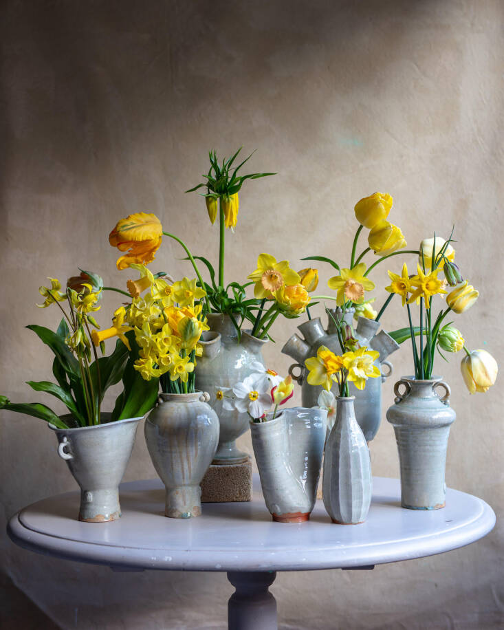 Daffodils, tulips, and fritillaria in wood-fired, ash-glazed pieces Frances made for an Object & Thing exhibition this past spring at Porta in Brooklyn.