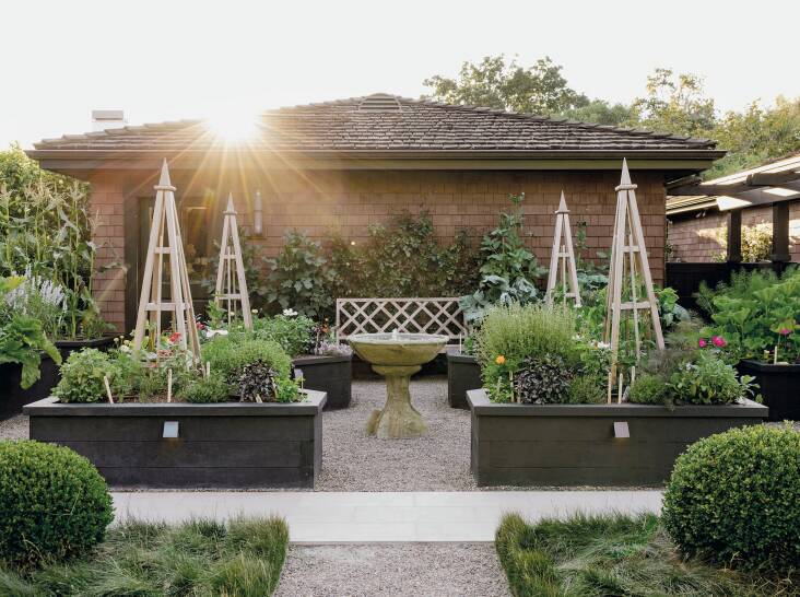 Sculptural wooden tuteurs add a welcome visual element to this quadrant of four raised beds.