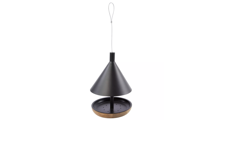 All Living Things Wild Black and Wood Feeder has a mid-century modern look and measures \10 inches across and \15 inches high; \$\29.99 at Petsmart.