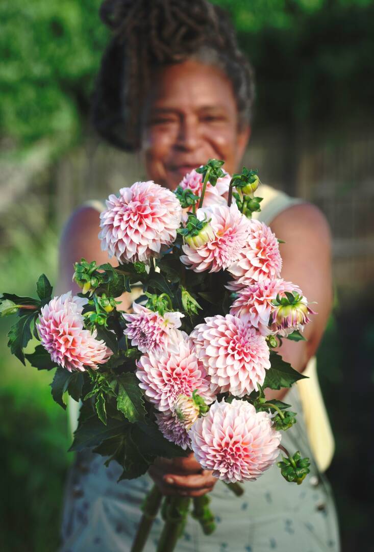  Above: Mimo Davis with a clutch of dahlias grown on her flower farm. Urban Buds has expanded to occupy eight city lots. Photograph by Carmen Troesser for Black Flora.