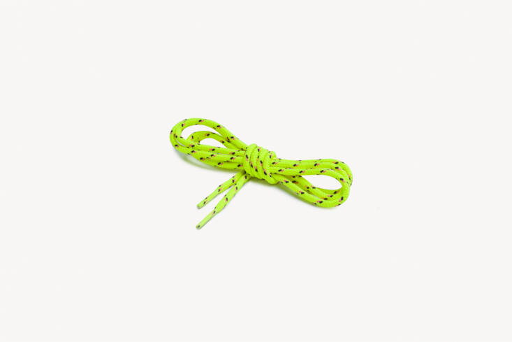 The luxury hiking boots worn by fashionable hikers and non-hikers alike, Diemma makes a variety of corresponding Shoe Laces, shown here in Neon Yellow Mix. Any safe hiker will tell you that a touch of neon is a must, but how to do it in a chic manner? This is one option; \$\14 for a pair of laces at Diemma.