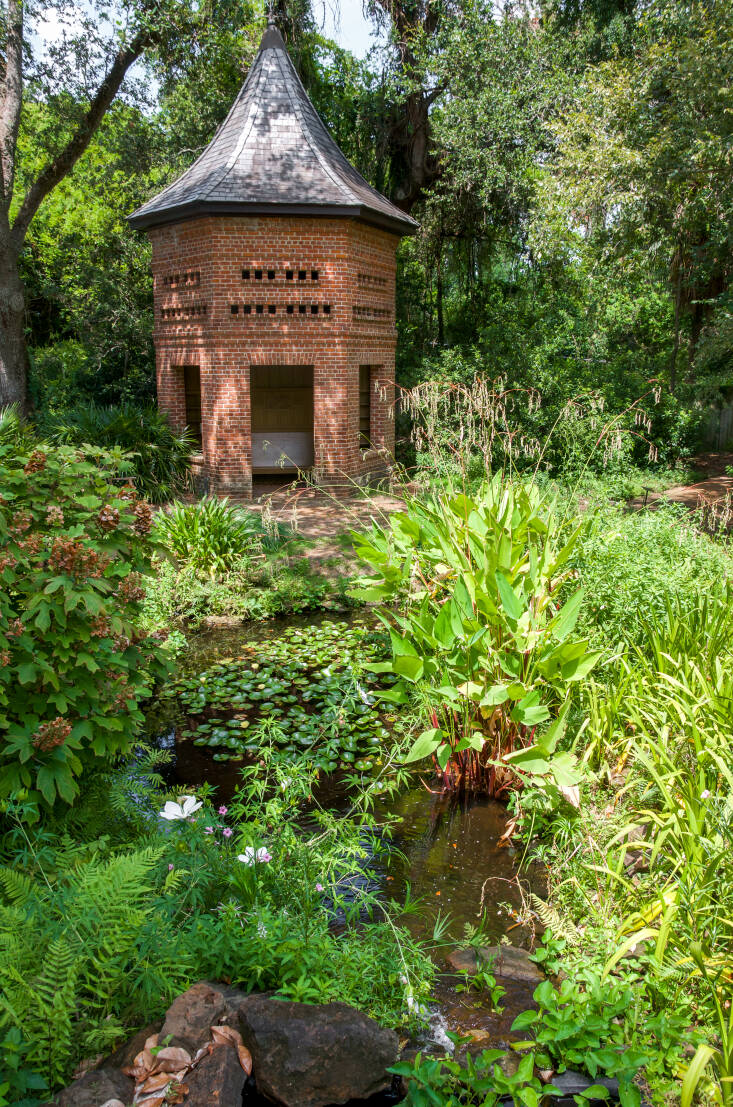 In the Wild Garden, which contains native planting selections by Caroline Dorman, oak leaf hydrangea, Texas star hibiscus, ironweed, and a variety of ferns, flourish. “They have fewer pest issues, require less water, and are easier to maintain than the non-native plants,” says Benjamin.