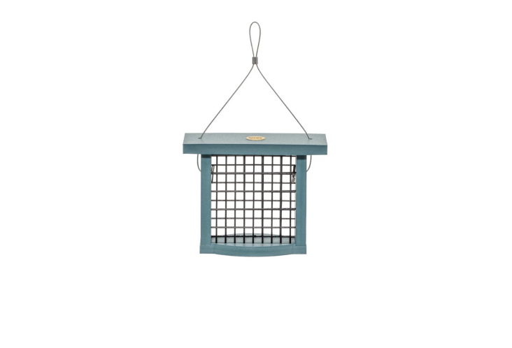 From Birds Choice, the Suet Feeder for Single Cake is made of recycled plastic and comes in various colors. It&#8\2\17;s good for chickadees, purple finches, titmice, jays, nuthatches, bluebirds, woodpeckers, house finches, and towhees; \$\2\2.99.