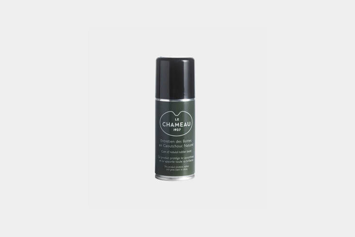 From French shoe brand Le Chameau, the Rubber Spray is used to keep rubber boots in good condition. Spray boots often (recommended after every use for Le Chameau boots) and buff with a microfiber cloth; \$\1\2 at Le Chameau.