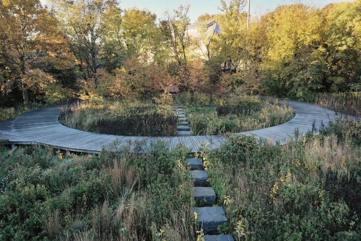 The mooring blocks, which visitors can hop onto from the boardwalk, pay homage to the shipbuilding history of the Naval Yard, says Rossi. Standing on the blocks you feel immersed in the meadow. Photograph by Ngoc Minh Ngo.